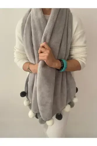 Wellsoft Pompon Scarf /shawl/etol/bed Runner-gray - 5