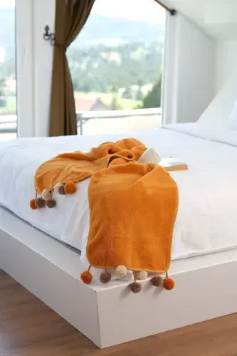 Wellsoft Pompon Scarf /shawl/etole/bed Runner-mustard - 3