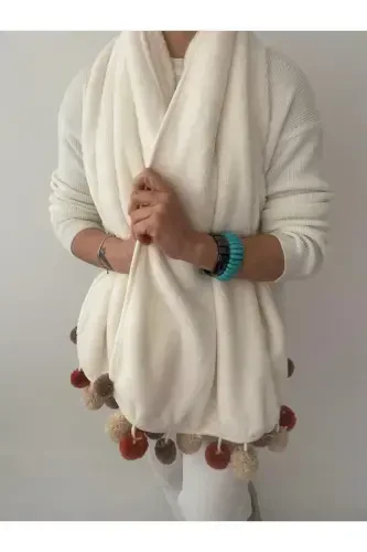 Wellsoft Pompon Scarf /shawl/etole/bed Runner-white - 5