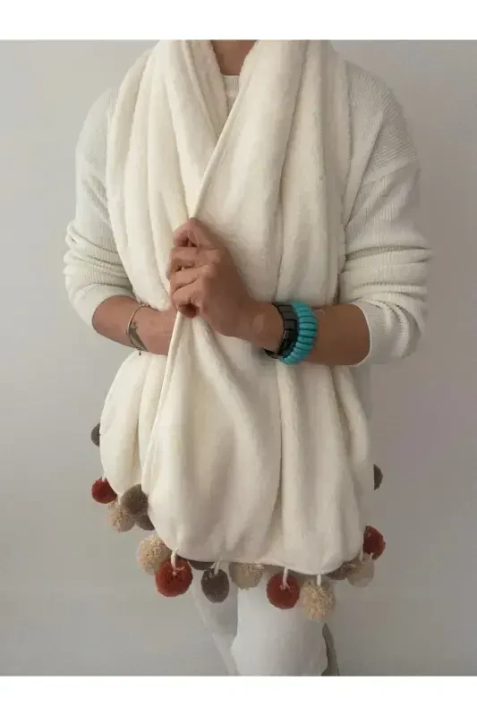 Wellsoft Pompon Scarf /shawl/etole/bed Runner-white - 5