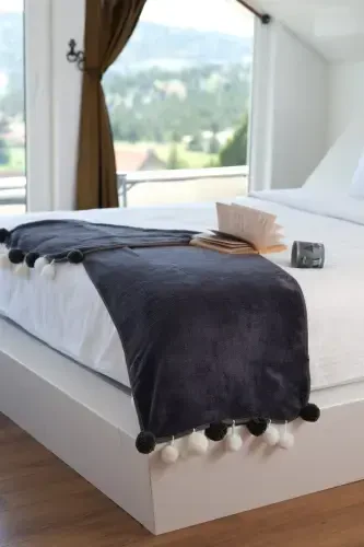 Wellsoft Ponponli Sharf / ro'mol / etol / Yotoq uchun yo'l - antrasit - 1