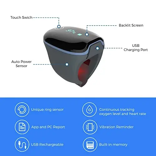Wellue O2Ring Pulse Oximter, Bluetooth SPO2 Blood Oxygen Saturation Monitor - Wearable O2 Ring Sensor with Vibration Reminder, Free APP & PC Report, Rechargeable - 3