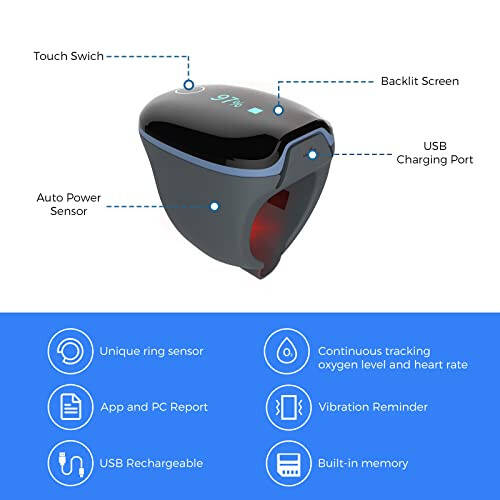 Wellue O2Ring Pulse Oximeter, Bluetooth SPO2 Blood Oxygen Saturation Monitor - Wearable O2 Ring Sensor with Vibration Reminder, Free APP & PC Report, Rechargeable - 10