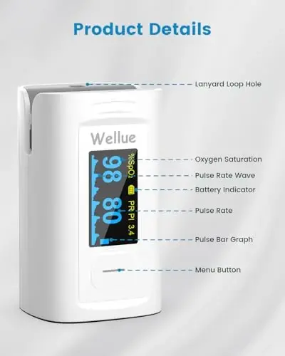 Wellue Pulse Oximeter Fingertip, Built-in xotiraga ega qon kislorod bilan to'yinganlik monitori, Beep eslatmasi, OLED ekran, Batareyalar va Lanyard - WELLUE (1)