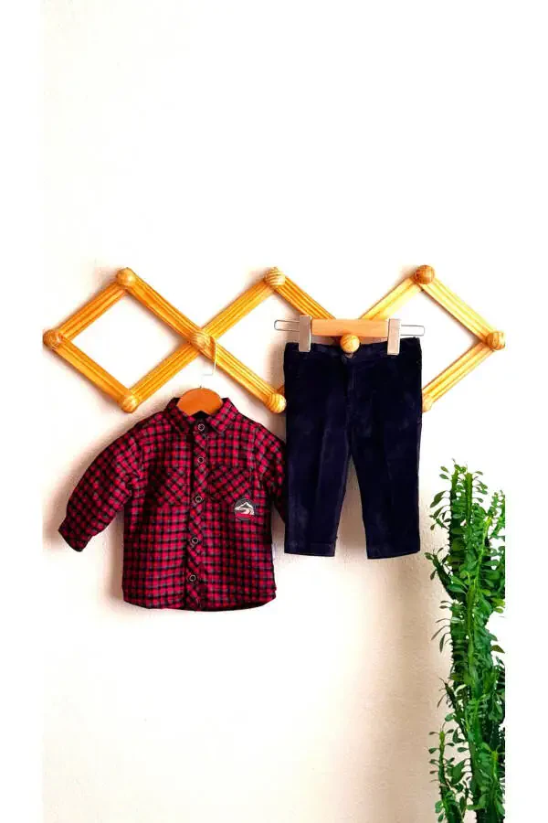 Welsoft Oduncuncu Gömlek Kadife Pantolon Takım Erkek-KIRMIZI - 3