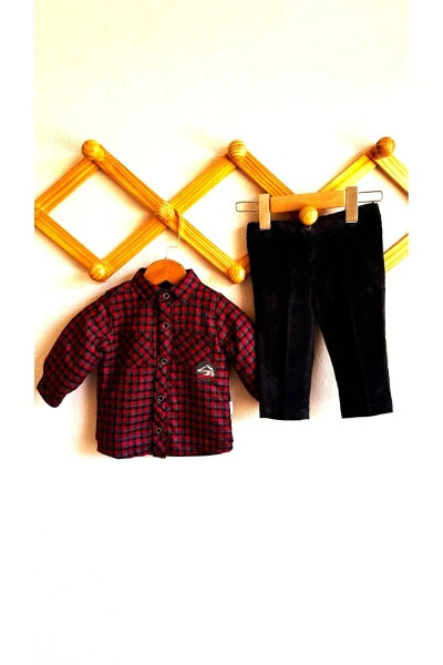 Welsoft Oduncuncu Gömlek Kadife Pantolon Takım Erkek-KIRMIZI - 4