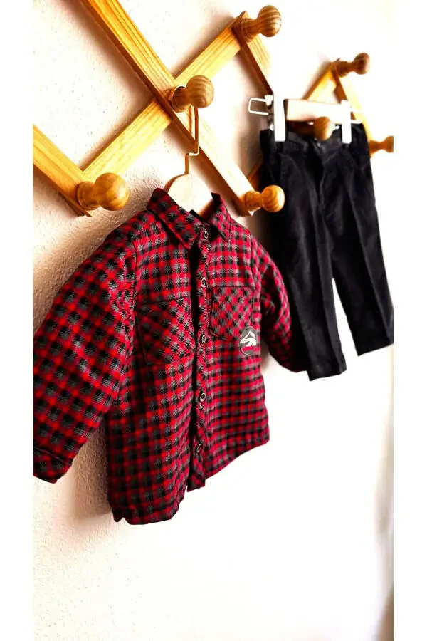 Welsoft Oduncuncu Gömlek Kadife Pantolon Takım Erkek-KIRMIZI - 5