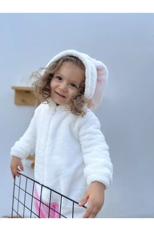 Welsoft Peluş Fermuarlı Kışlık Tavşan Kız Bebek Uyku Tulumu-beyaz - 2