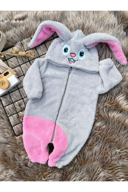 Welsoft Peluş Fermuarlı Kışlık Tavşan Kız Bebek Uyku Tulumu - gri-pembe - 1
