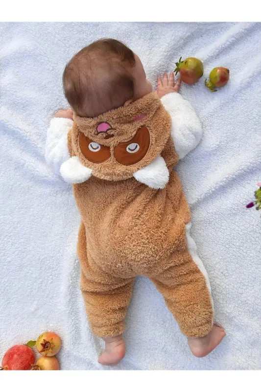 Welsoft Peluş Unisex Fermuarlı Kışlık Bebek Uyku Tulumu Bebek Tulumu Çocuk Tulumu Çocuk Kostümü - KAHVERENGİ-BEYAZ - 1