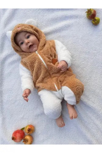 Welsoft Peluş Unisex Fermuarlı Kışlık Bebek Uyku Tulumu Bebek Tulumu Çocuk Tulumu Çocuk Kostümü - KAHVERENGİ-BEYAZ - 3