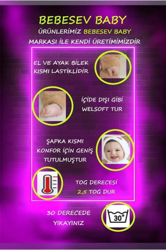 Welsoft Peluş Unisex Fermuarlı Kışlık Bebek Uyku Tulumu Bebek Tulumu Çocuk Tulumu Çocuk Kostümü - KAHVERENGİ-BEYAZ - 5