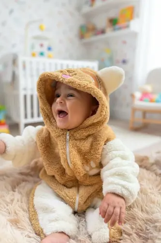 Welsoft Peluş Unisex Fermuarlı Kışlık Bebek Uyku Tulumu Bebek Tulumu Çocuk Tulumu Çocuk Kostümü - KAHVERENGİ-BEYAZ - 6