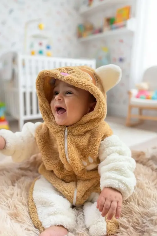 Welsoft Peluş Unisex Fermuarlı Kışlık Bebek Uyku Tulumu Bebek Tulumu Çocuk Tulumu Çocuk Kostümü - KAHVERENGİ-BEYAZ - 6