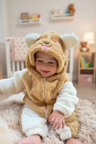 Welsoft Peluş Unisex Fermuarlı Kışlık Bebek Uyku Tulumu Bebek Tulumu Çocuk Tulumu Çocuk Kostümü - KAHVERENGİ-BEYAZ - 7