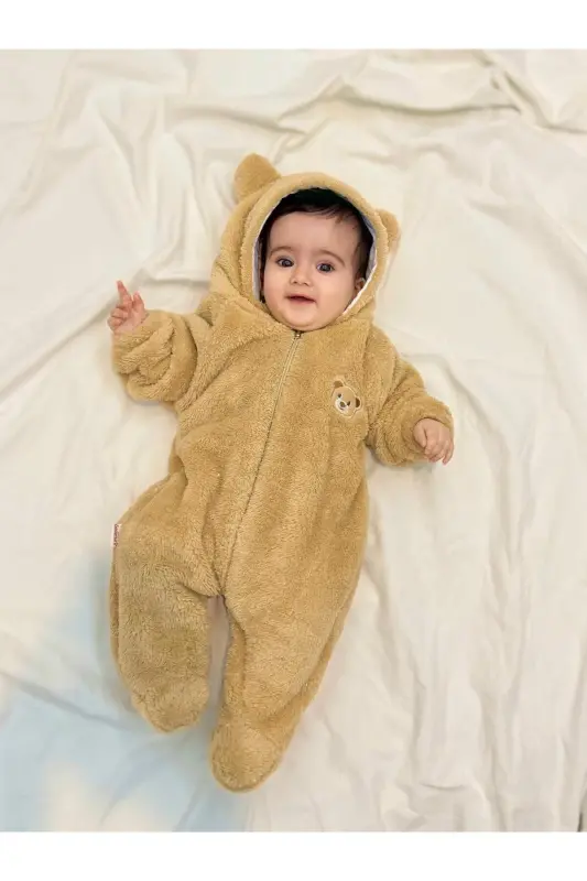 Welsoft Peluş Unisex Fermuarlı Kışlık Bebek Uyku Tulumu Bebek Tulumu Çocuk Tulumu Çocuk Kostümü - Kahve - 1