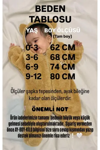 Welsoft Peluş Unisex Fermuarlı Kışlık Bebek Uyku Tulumu Bebek Tulumu Çocuk Tulumu Çocuk Kostümü - Kahve - 3