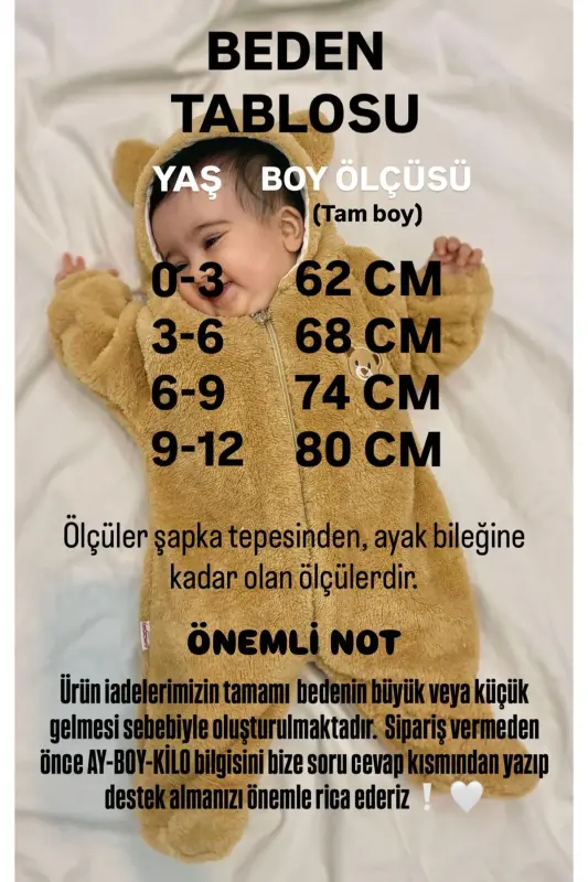 Welsoft Peluş Unisex Fermuarlı Kışlık Bebek Uyku Tulumu Bebek Tulumu Çocuk Tulumu Çocuk Kostümü - Kahve - 3