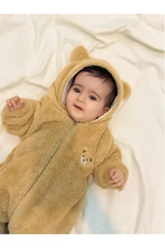 Welsoft Peluş Unisex Fermuarlı Kışlık Bebek Uyku Tulumu Bebek Tulumu Çocuk Tulumu Çocuk Kostümü - Kahve - 4
