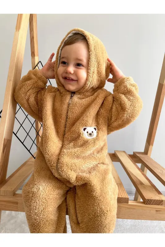 Welsoft Peluş Unisex Fermuarlı Kışlık Bebek Uyku Tulumu Bebek Tulumu Çocuk Tulumu Çocuk Kostümü - Kahve - 5