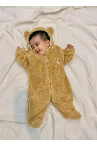 Welsoft Peluş Unisex Fermuarlı Kışlık Bebek Uyku Tulumu Bebek Tulumu Çocuk Tulumu Çocuk Kostümü - Kahve - 6