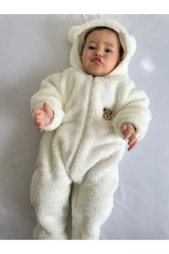 Welsoft Peluş Unisex Fermuarlı Kışlık Bebek Uyku Tulumu Bebek Tulumu Çocuk Tulumu Çocuk Kostümü - Beyaz 