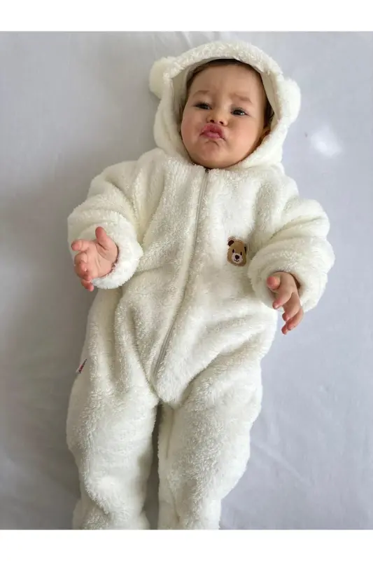 Welsoft Peluş Unisex Fermuarlı Kışlık Bebek Uyku Tulumu Bebek Tulumu Çocuk Tulumu Çocuk Kostümü-Beyaz - 1