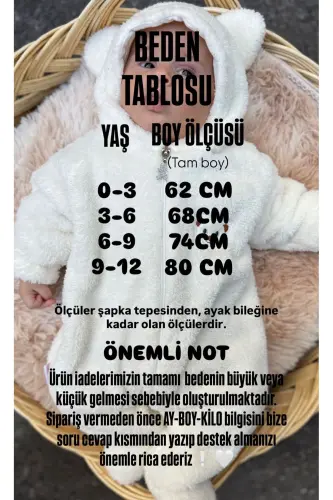 Welsoft Peluş Unisex Fermuarlı Kışlık Bebek Uyku Tulumu Bebek Tulumu Çocuk Tulumu Çocuk Kostümü-Beyaz - 2