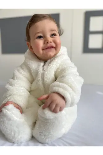 Welsoft Peluş Unisex Fermuarlı Kışlık Bebek Uyku Tulumu Bebek Tulumu Çocuk Tulumu Çocuk Kostümü-Beyaz - 4