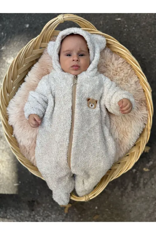 Welsoft Peluş Unisex Fermuarlı Kışlık Bebek Uyku Tulumu Bebek Tulumu Çocuk Tulumu Çocuk Kostümü - Krem Ayaklı - 2
