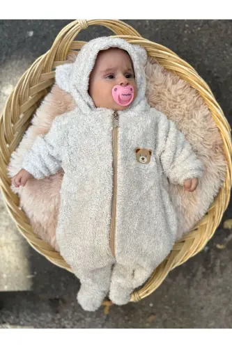 Welsoft Peluş Unisex Fermuarlı Kışlık Bebek Uyku Tulumu Bebek Tulumu Çocuk Tulumu Çocuk Kostümü - Krem Ayaklı - 3