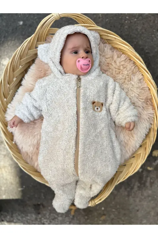 Welsoft Peluş Unisex Fermuarlı Kışlık Bebek Uyku Tulumu Bebek Tulumu Çocuk Tulumu Çocuk Kostümü - Krem Ayaklı - 3