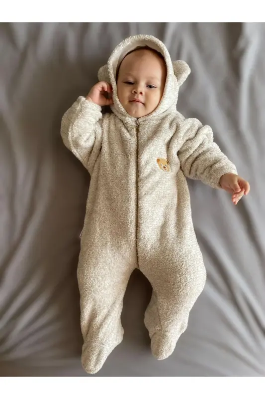 Welsoft Peluş Unisex Fermuarlı Kışlık Bebek Uyku Tulumu Bebek Tulumu Çocuk Tulumu Çocuk Kostümü - Krem Ayaklı - 5