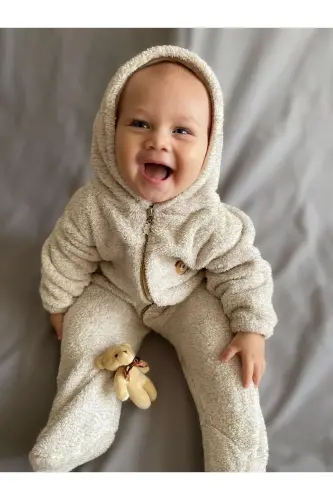 Welsoft Peluş Unisex Fermuarlı Kışlık Bebek Uyku Tulumu Bebek Tulumu Çocuk Tulumu Çocuk Kostümü - Krem Ayaklı - 6