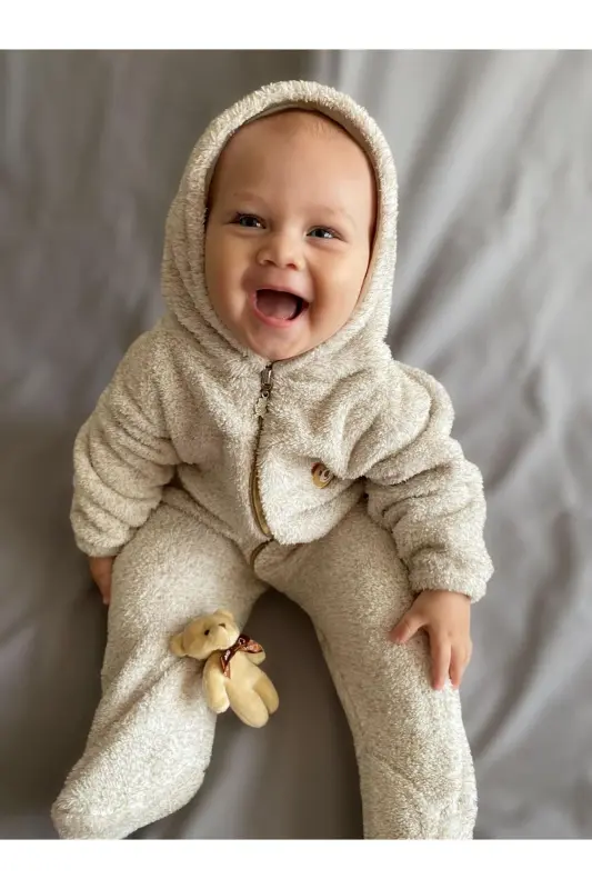 Welsoft Peluş Unisex Fermuarlı Kışlık Bebek Uyku Tulumu Bebek Tulumu Çocuk Tulumu Çocuk Kostümü-Krem Ayaklı - 6