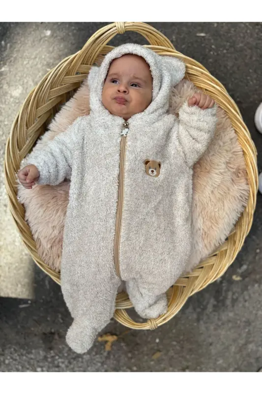 Welsoft Peluş Unisex Fermuarlı Kışlık Bebek Uyku Tulumu Bebek Tulumu Çocuk Tulumu Çocuk Kostümü-Krem Ayaklı - 1
