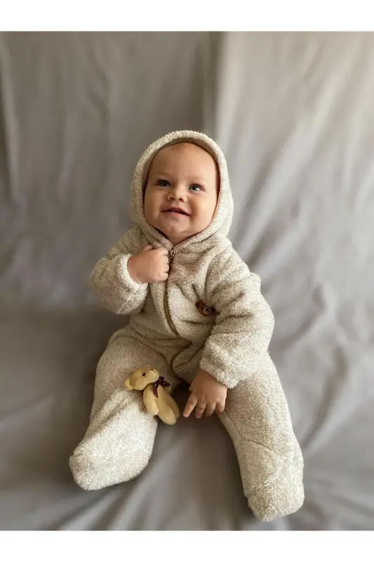 Welsoft Peluş Unisex Fermuarlı Kışlık Bebek Uyku Tulumu Bebek Tulumu Çocuk Tulumu Çocuk Kostümü-Krem Ayaklı - 7