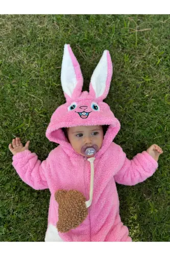 Welsoft Peluş Unisex Fermuarlı Kışlık Bebek Uyku Tulumu Bebek Tulumu Çocuk Tulumu Çocuk Kostümü - Pembe - 3