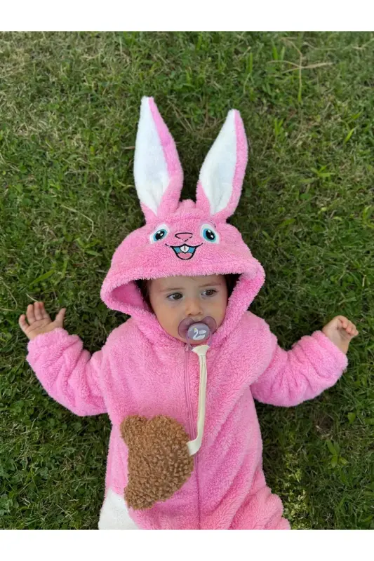 Welsoft Peluş Unisex Fermuarlı Kışlık Bebek Uyku Tulumu Bebek Tulumu Çocuk Tulumu Çocuk Kostümü - Pembe - 3