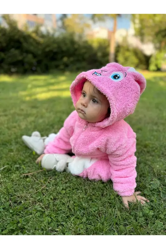 Welsoft Peluş Unisex Fermuarlı Kışlık Bebek Uyku Tulumu Bebek Tulumu Çocuk Tulumu Çocuk Kostümü - Pembe - 4