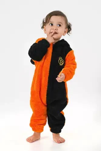 Welsoft Peluş Unisex Fermuarlı Kışlık Bebek Uyku Tulumu Bebek Tulumu Çocuk Tulumu Çocuk Kostümü-ponpon turuncu - Modazone (1)