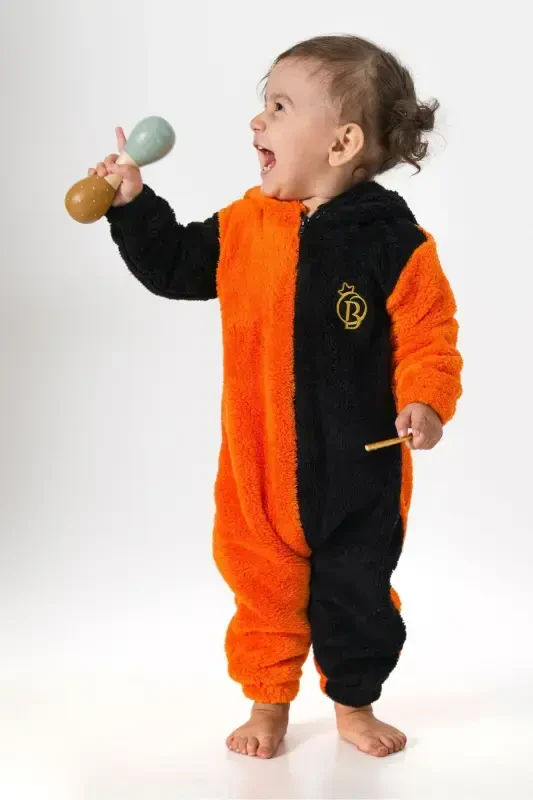 Welsoft Peluş Unisex Fermuarlı Kışlık Bebek Uyku Tulumu Bebek Tulumu Çocuk Tulumu Çocuk Kostümü-ponpon turuncu - 1