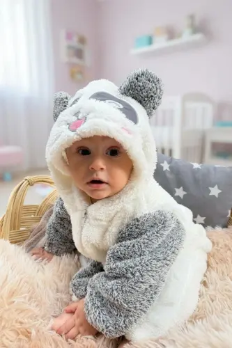 Welsoft Peluş Unisex Fermuarlı Kışlık Bebek Uyku Tulumu Bebek Tulumu Çocuk Tulumu Çocuk Kostümü. - SİYAH - 4