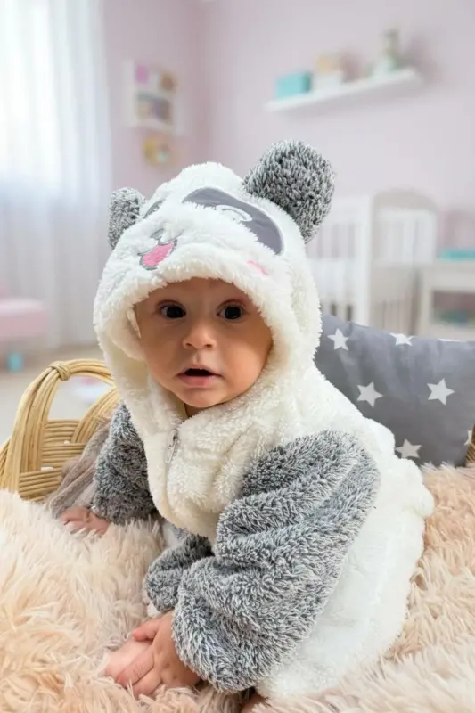 Welsoft Peluş Unisex Fermuarlı Kışlık Bebek Uyku Tulumu Bebek Tulumu Çocuk Tulumu Çocuk Kostümü. - SİYAH - 4