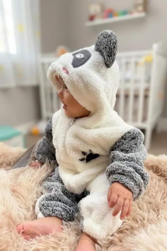 Welsoft Peluş Unisex Fermuarlı Kışlık Bebek Uyku Tulumu Bebek Tulumu Çocuk Tulumu Çocuk Kostümü.-SİYAH - 5