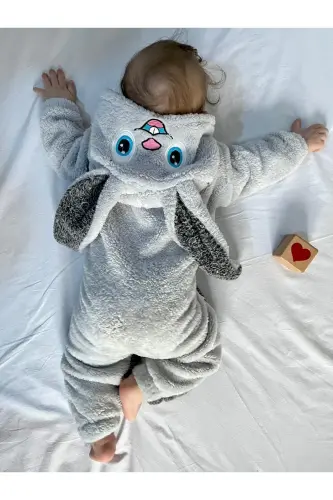 Welsoft Peluş Unisex Fermuarlı Kışlık Tavşan Bebek Uyku Tulumu-gri 