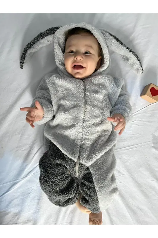 Welsoft Peluş Unisex Fermuarlı Kışlık Tavşan Bebek Uyku Tulumu-gri - 2