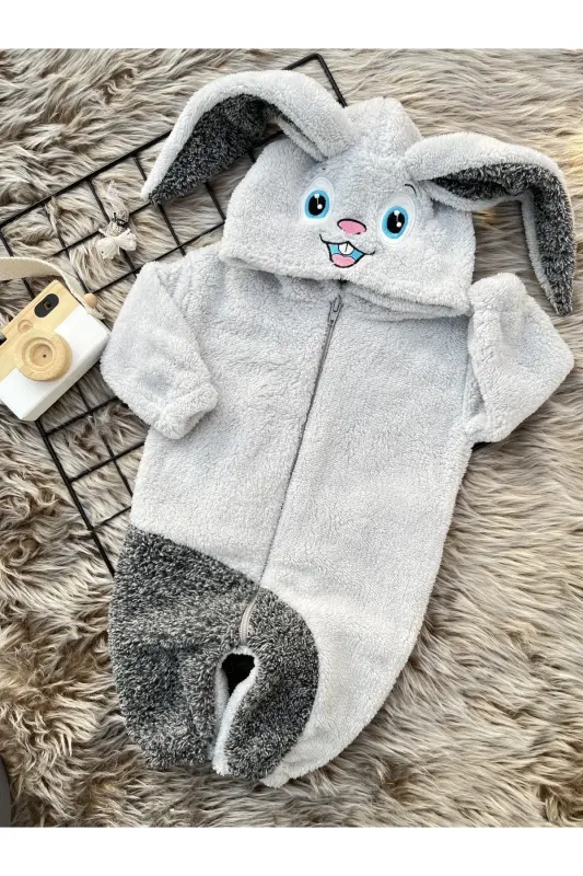 Welsoft Peluş Unisex Fermuarlı Kışlık Tavşan Bebek Uyku Tulumu-gri - 3