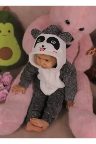 Welsoft Peluş Unisex Fermuarlı Panda Bebek Uyku Tulumu - kırçıllı gri - MINIZADE (1)