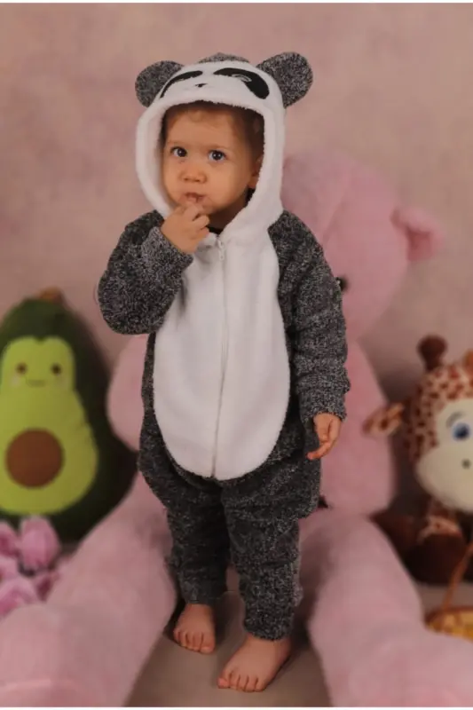 Welsoft Peluş Unisex Fermuarli Panda Bebek Uyqu Tulumi-kırçıllı gri - 3